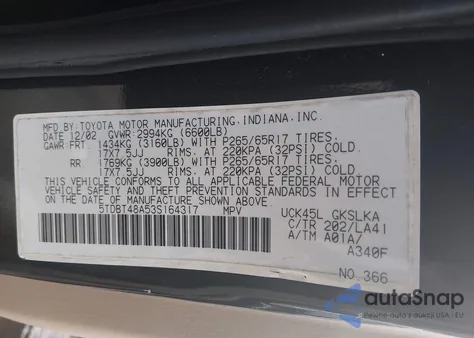 2003 Toyota Sequoia Limited V8 from USA, damaged, VIN 5TDBT48A53S164317